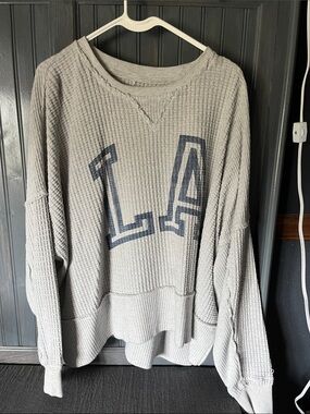 American Eagle Waffle Knit LA Pullover Sweater - Light Gray